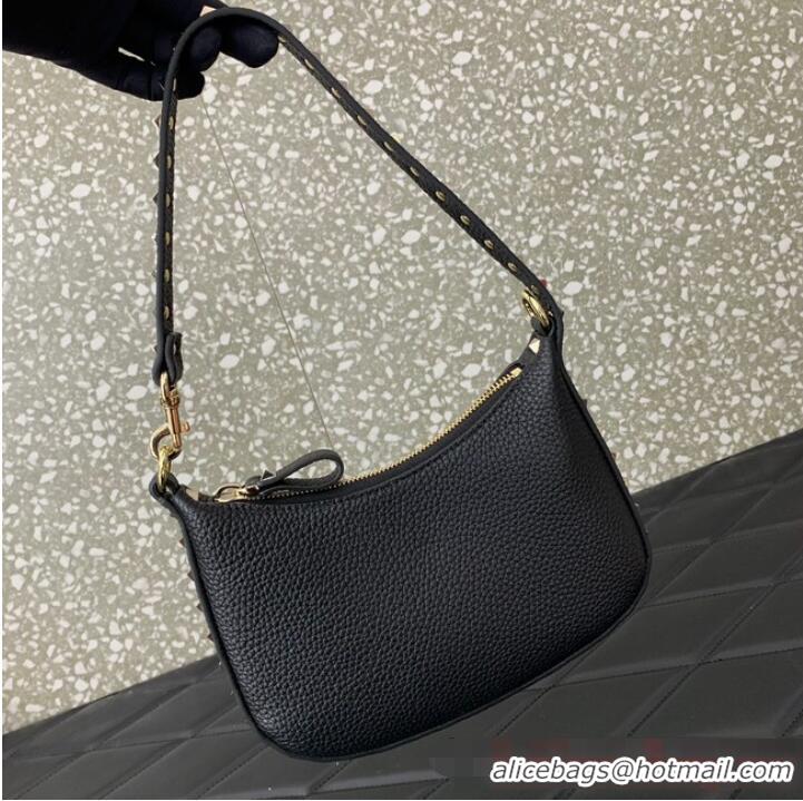 Trendy Design VALENTINO Rockstud calfskin small HOBO bag AG098 Black