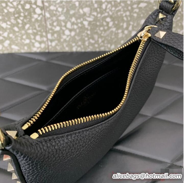 Trendy Design VALENTINO Rockstud calfskin small HOBO bag AG098 Black