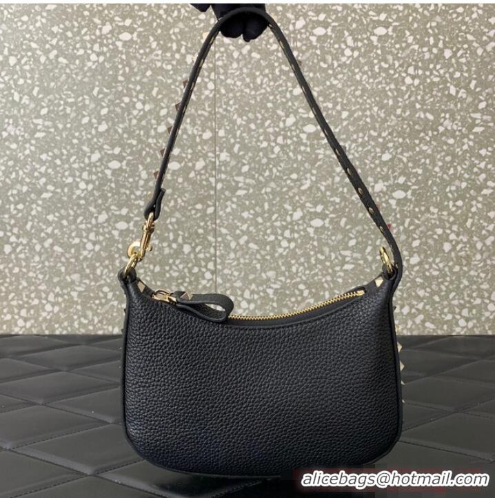 Trendy Design VALENTINO Rockstud calfskin small HOBO bag AG098 Black