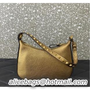 Unique Grade VALENTINO Rockstud calfskin small HOBO bag AG098 Gold