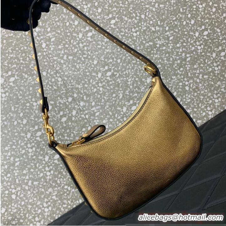 Unique Grade VALENTINO Rockstud calfskin small HOBO bag AG098 Gold