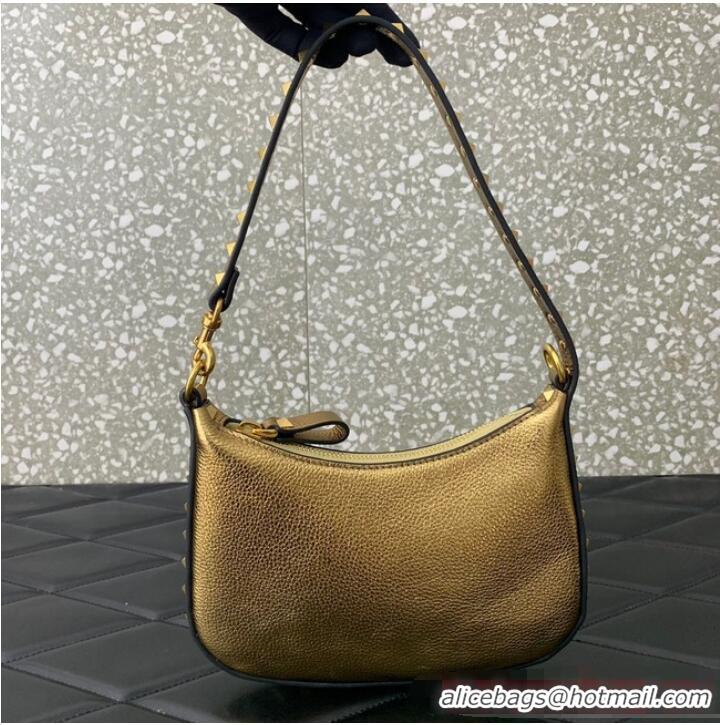 Unique Grade VALENTINO Rockstud calfskin small HOBO bag AG098 Gold