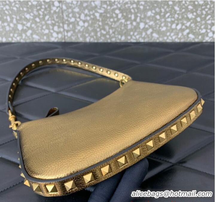 Unique Grade VALENTINO Rockstud calfskin small HOBO bag AG098 Gold