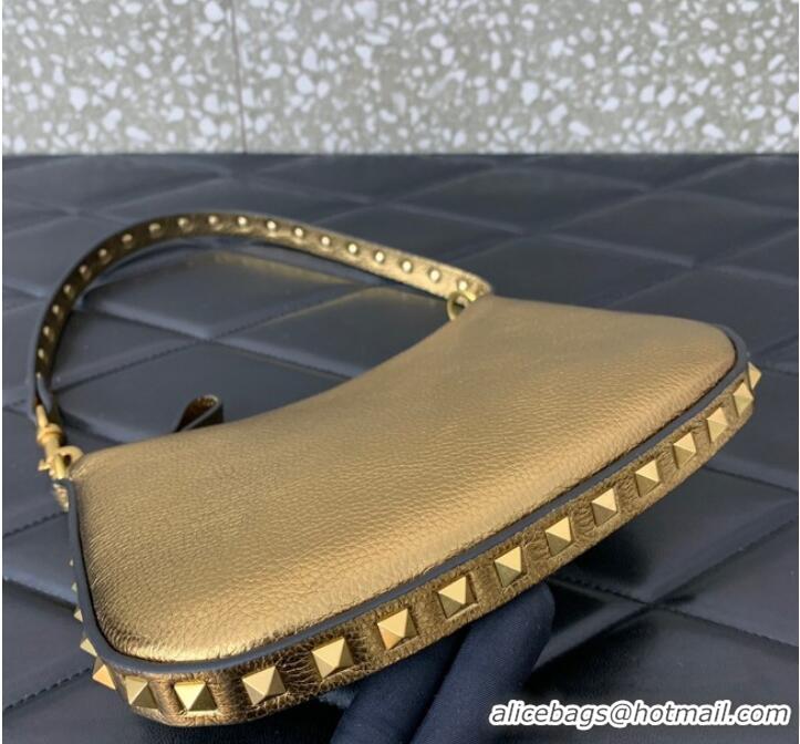 Unique Grade VALENTINO Rockstud calfskin small HOBO bag AG098 Gold