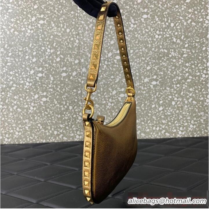 Unique Grade VALENTINO Rockstud calfskin small HOBO bag AG098 Gold