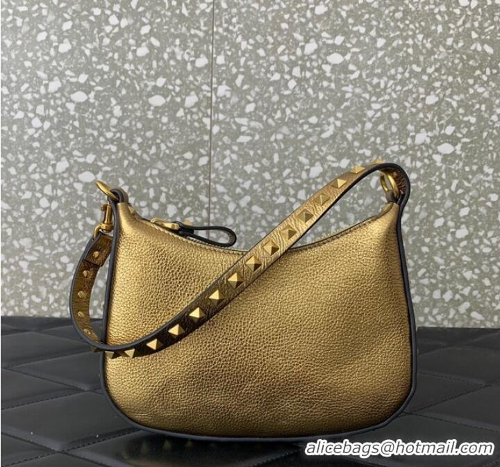 Unique Grade VALENTINO Rockstud calfskin small HOBO bag AG098 Gold