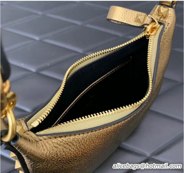 Unique Grade VALENTINO Rockstud calfskin small HOBO bag AG098 Gold