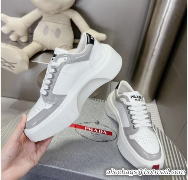 Most Popular Prada Leather Platform Sneakers 5cm White/Grey 026027