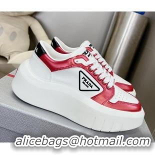 Top Grade Prada Leather Platform Sneakers 5cm White/Red 026028