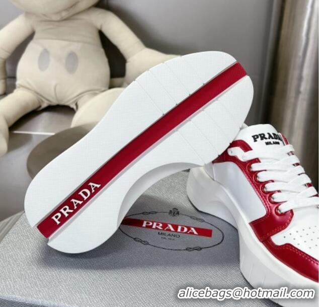 Top Grade Prada Leather Platform Sneakers 5cm White/Red 026028