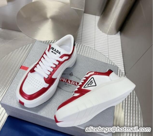 Top Grade Prada Leather Platform Sneakers 5cm White/Red 026028