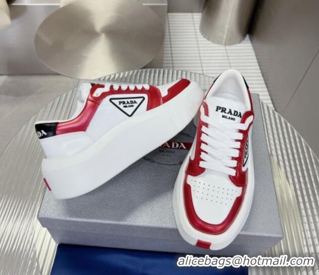 Top Grade Prada Leather Platform Sneakers 5cm White/Red 026028