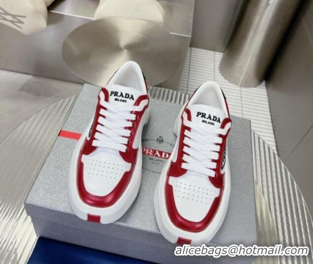 Top Grade Prada Leather Platform Sneakers 5cm White/Red 026028