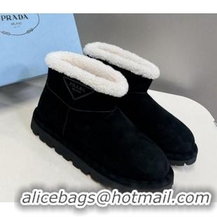 Good Quality Prada Shearling and Suede Ankle Boots Black 026031