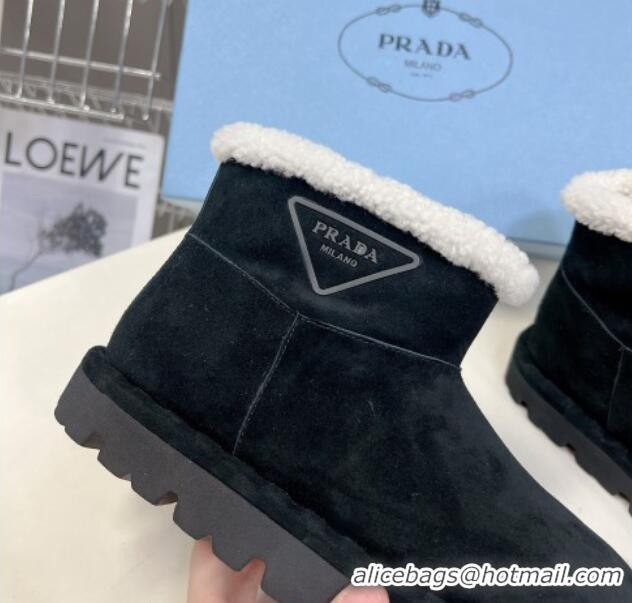 Good Quality Prada Shearling and Suede Ankle Boots Black 026031