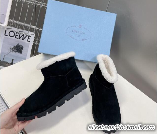 Good Quality Prada Shearling and Suede Ankle Boots Black 026031