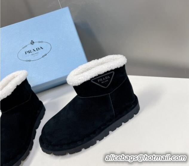 Good Quality Prada Shearling and Suede Ankle Boots Black 026031