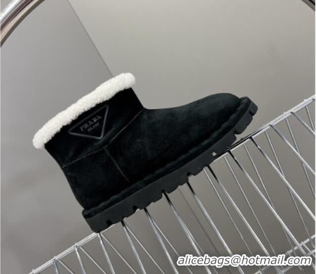 Good Quality Prada Shearling and Suede Ankle Boots Black 026031