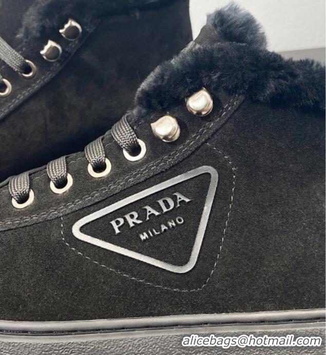 Grade Quality Prada Suede and Wool Lace-up Ankle Boots Black 106005