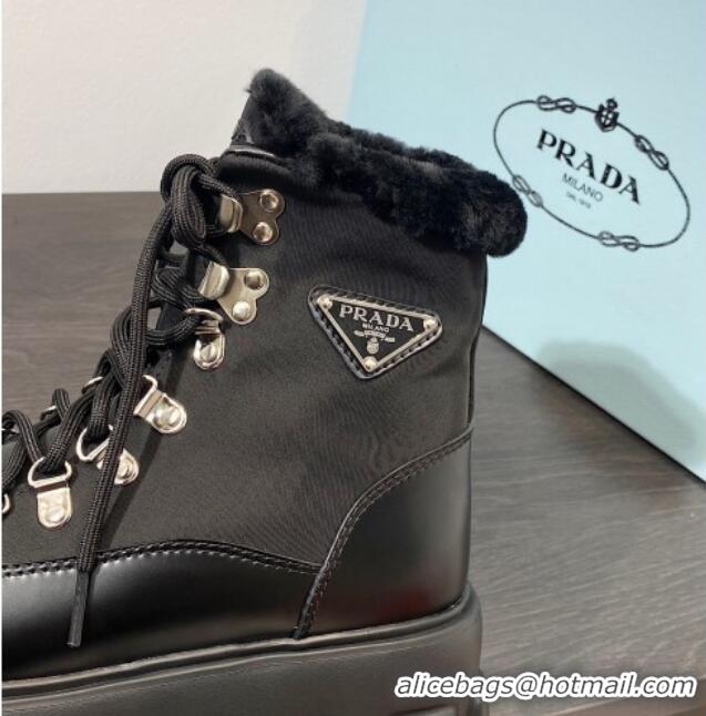 Stylish Prada Monolith leather and nylon Lace-up Ankle Boots Black 106012