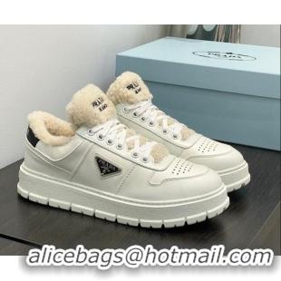 Hot Style Prada Leather and Shearling Sneakers White 106007