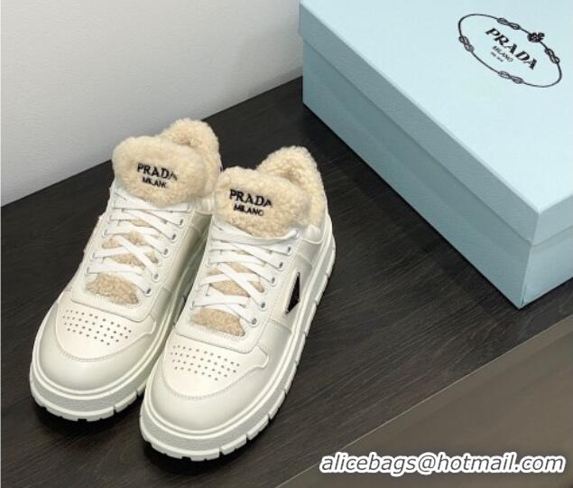 Hot Style Prada Leather and Shearling Sneakers White 106007