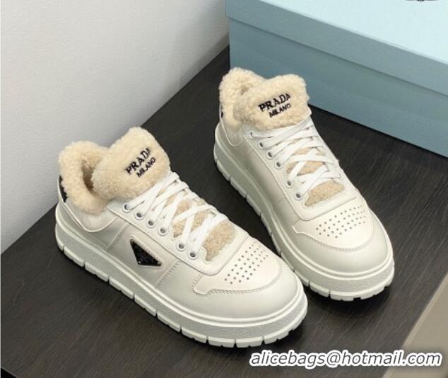 Hot Style Prada Leather and Shearling Sneakers White 106007