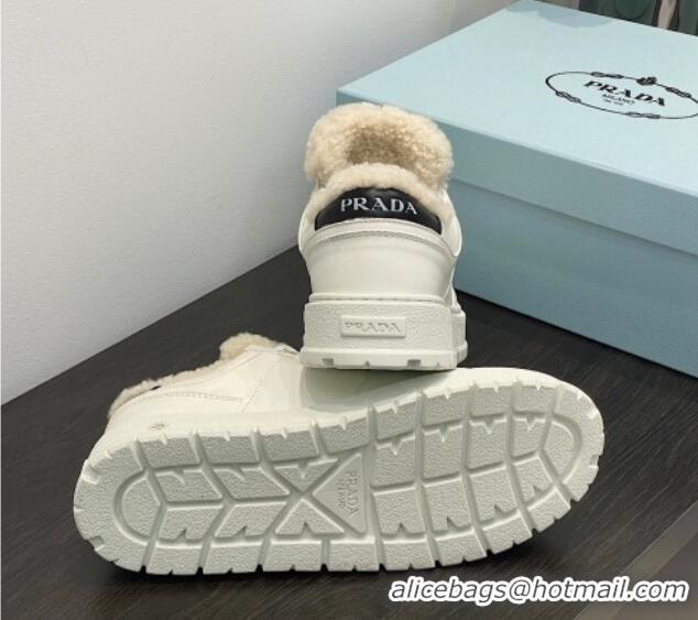 Hot Style Prada Leather and Shearling Sneakers White 106007