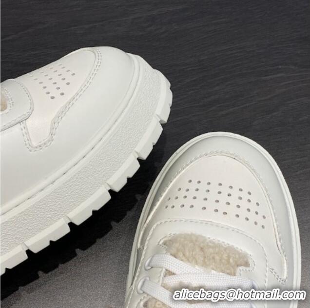 Hot Style Prada Leather and Shearling Sneakers White 106007