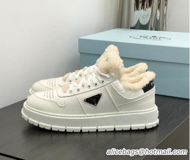 Hot Style Prada Leather and Shearling Sneakers White 106007