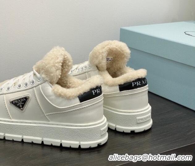 Hot Style Prada Leather and Shearling Sneakers White 106007