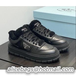 Duplicate Prada Leather and Shearling Sneakers Black 106008