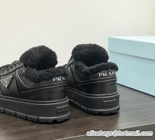 Duplicate Prada Leather and Shearling Sneakers Black 106008