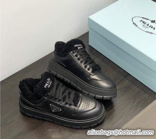 Duplicate Prada Leather and Shearling Sneakers Black 106008