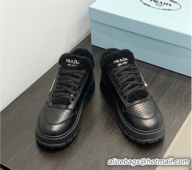 Duplicate Prada Leather and Shearling Sneakers Black 106008