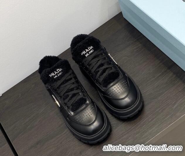 Duplicate Prada Leather and Shearling Sneakers Black 106008