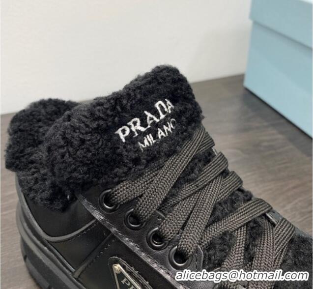 Duplicate Prada Leather and Shearling Sneakers Black 106008