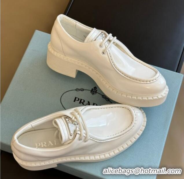 Good Looking Prada Brushed Leather Lace-up Loafers White 106016