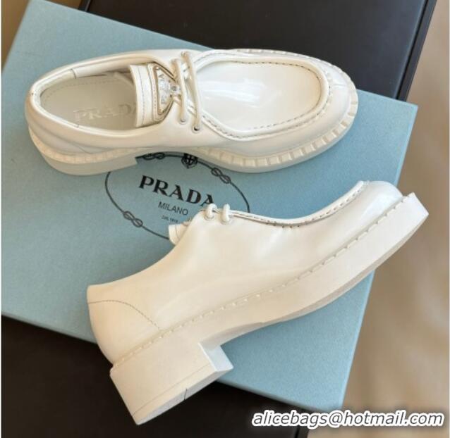 Good Looking Prada Brushed Leather Lace-up Loafers White 106016