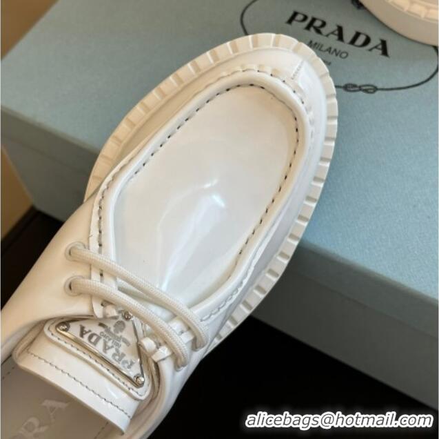 Good Looking Prada Brushed Leather Lace-up Loafers White 106016