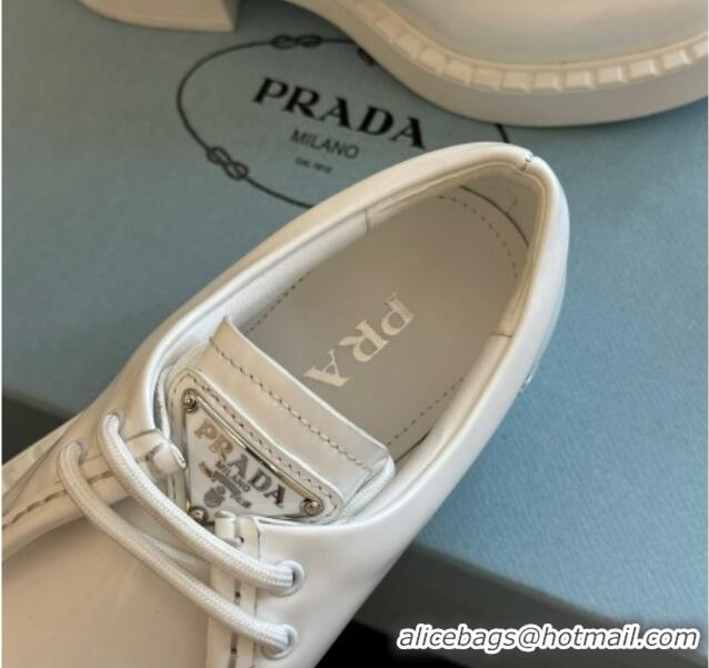 Good Looking Prada Brushed Leather Lace-up Loafers White 106016