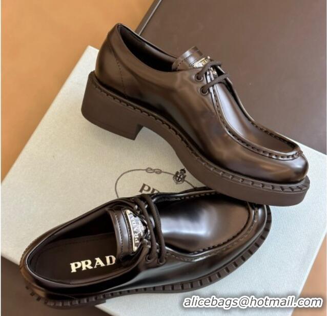 Unique Style Prada Brushed Leather Lace-up Loafers Black 106017