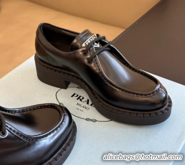 Unique Style Prada Brushed Leather Lace-up Loafers Black 106017