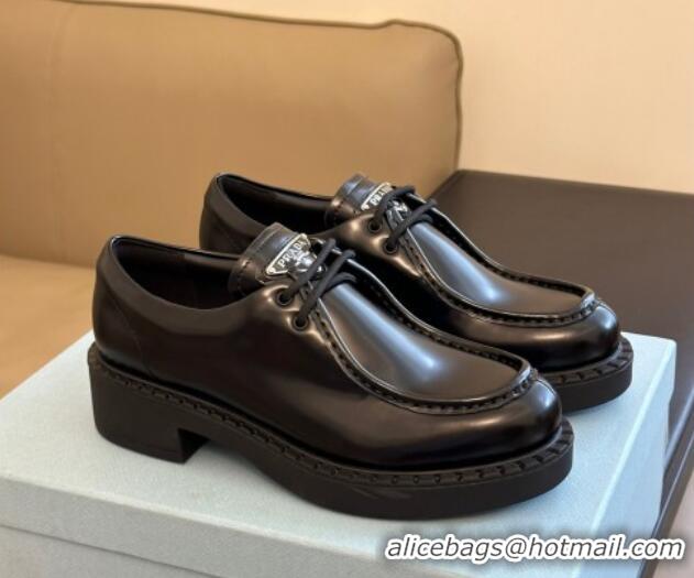 Unique Style Prada Brushed Leather Lace-up Loafers Black 106017