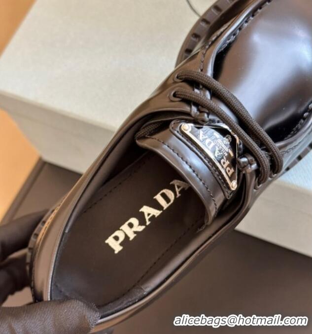 Unique Style Prada Brushed Leather Lace-up Loafers Black 106017