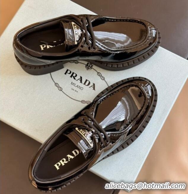 Most Popular Prada Patent Leather Lace-up Loafers Black 106018