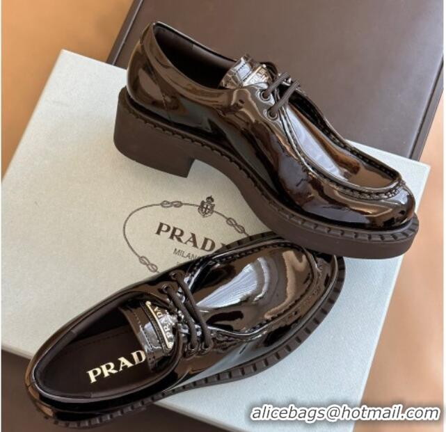 Most Popular Prada Patent Leather Lace-up Loafers Black 106018