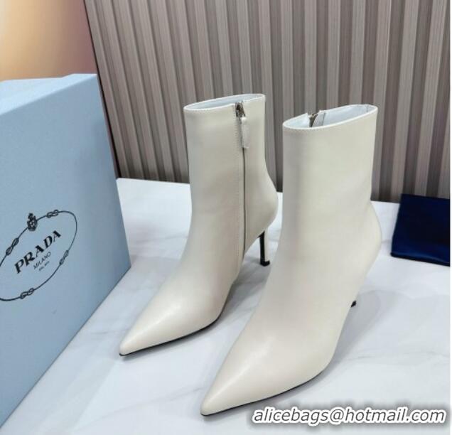 Durable Prada Leather Pointed Heel Ankle Boots 8.5cm White 117041