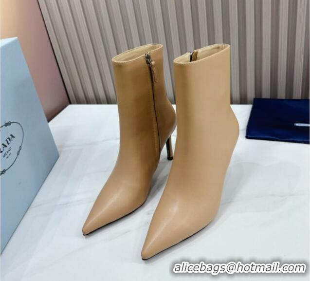 Grade Quality Prada Leather Pointed Heel Ankle Boots 8.5cm Apricot 117043