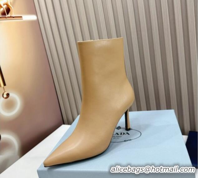 Grade Quality Prada Leather Pointed Heel Ankle Boots 8.5cm Apricot 117043